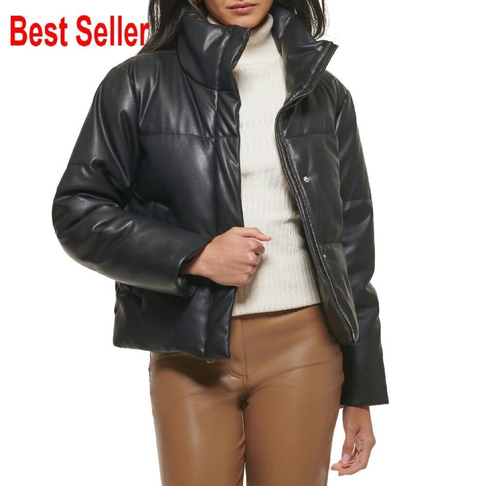 Quilted Vegan Leather Puffer Jacket Cropped Chic Minimal Y2K Retro